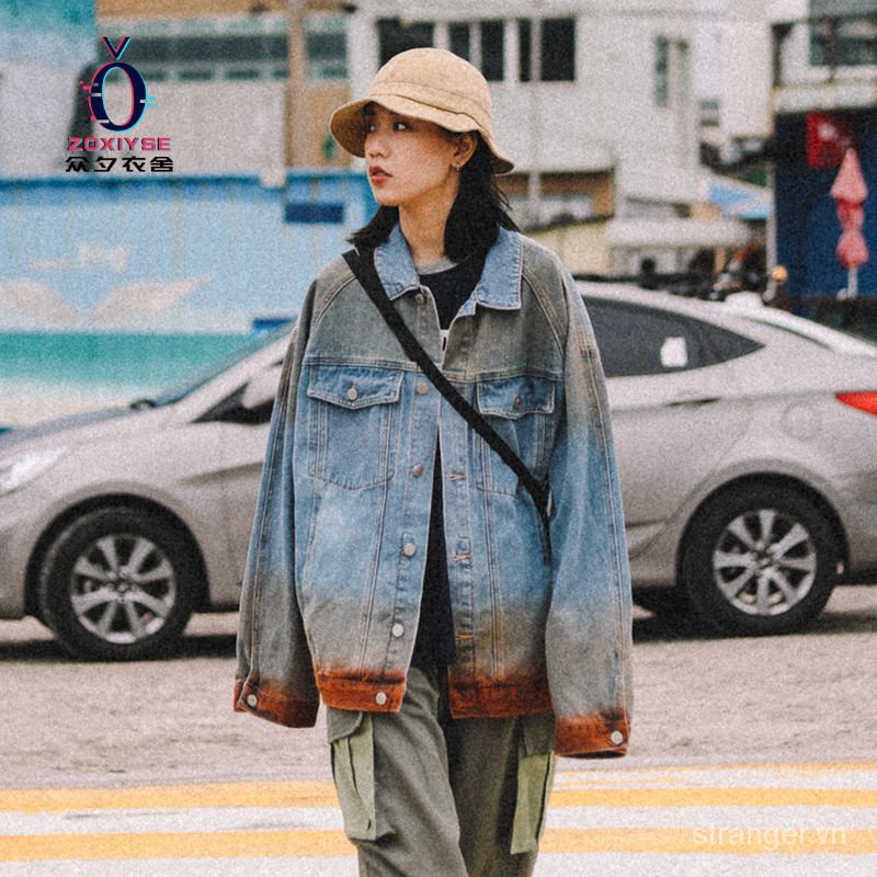 Áo Khoác Denim Dáng Rộng Màu Gradient Phong Cách Nhật Hàn Thời Trang Xuân Thu Cho Nữ
