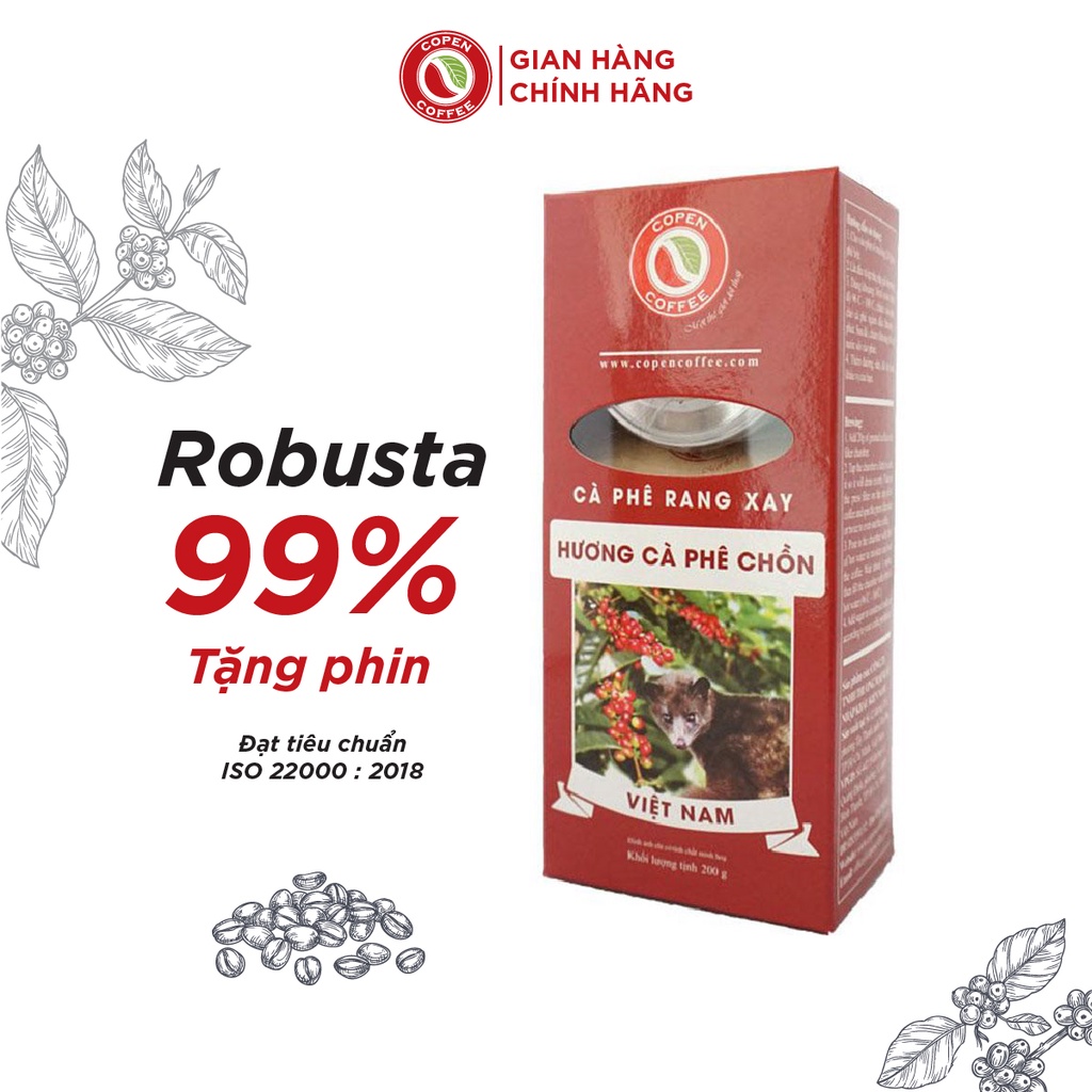 Hộp cà phê rang xay hương cà phê chồn - Copen Coffee - nguyên chất, tặng kèm phin inox -Hộp 200g