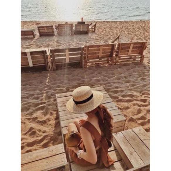 Mũ vành rộng gaucho 10cm nơ trắng cói buông siêu hot