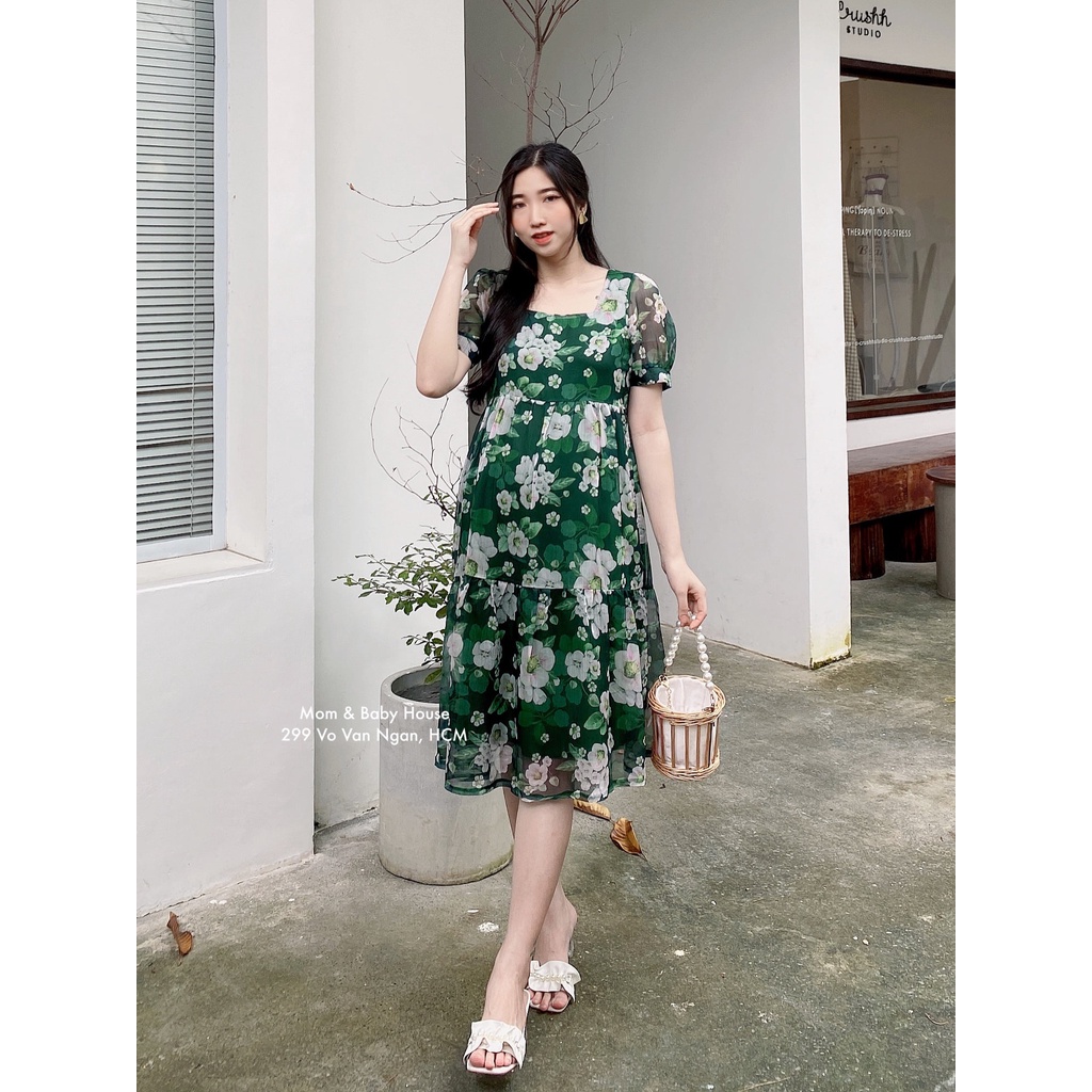 Đầm bầu babydoll voan tơ xanh rêu