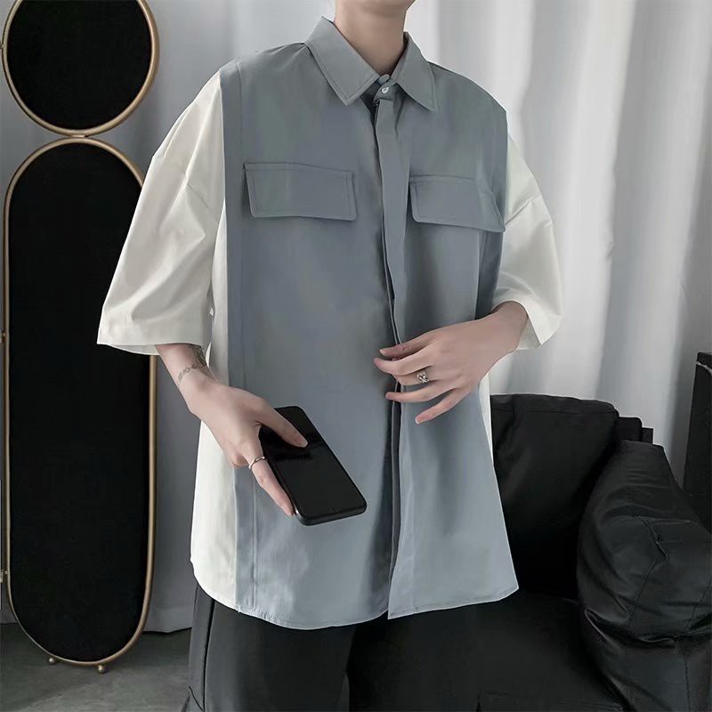 Áo sơ mi ngắn tay phối túi thời trang châu Âu cho nam