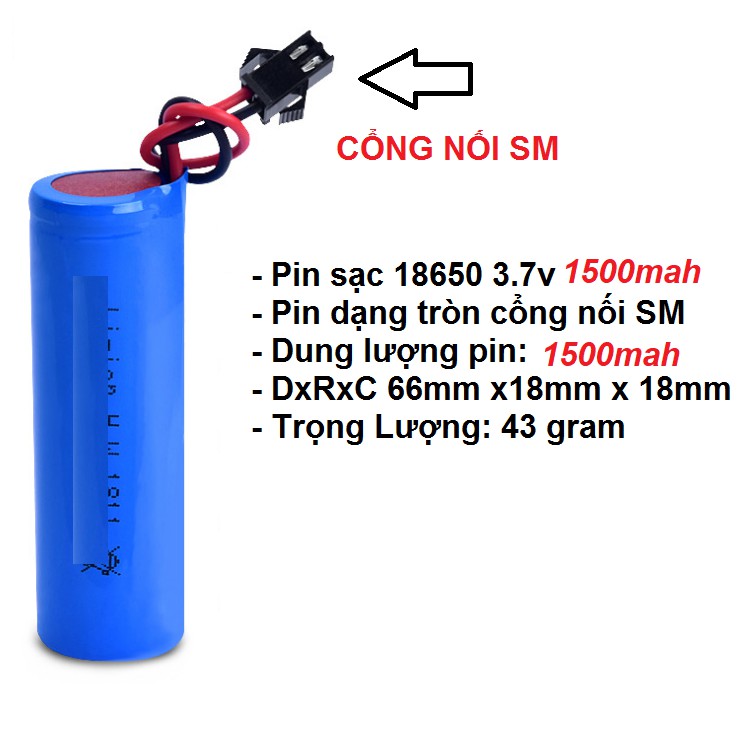 Pin và cáp sạc xe mô hình 3.7v 18650 dung lượng cao 1500mah cổng nôi SM