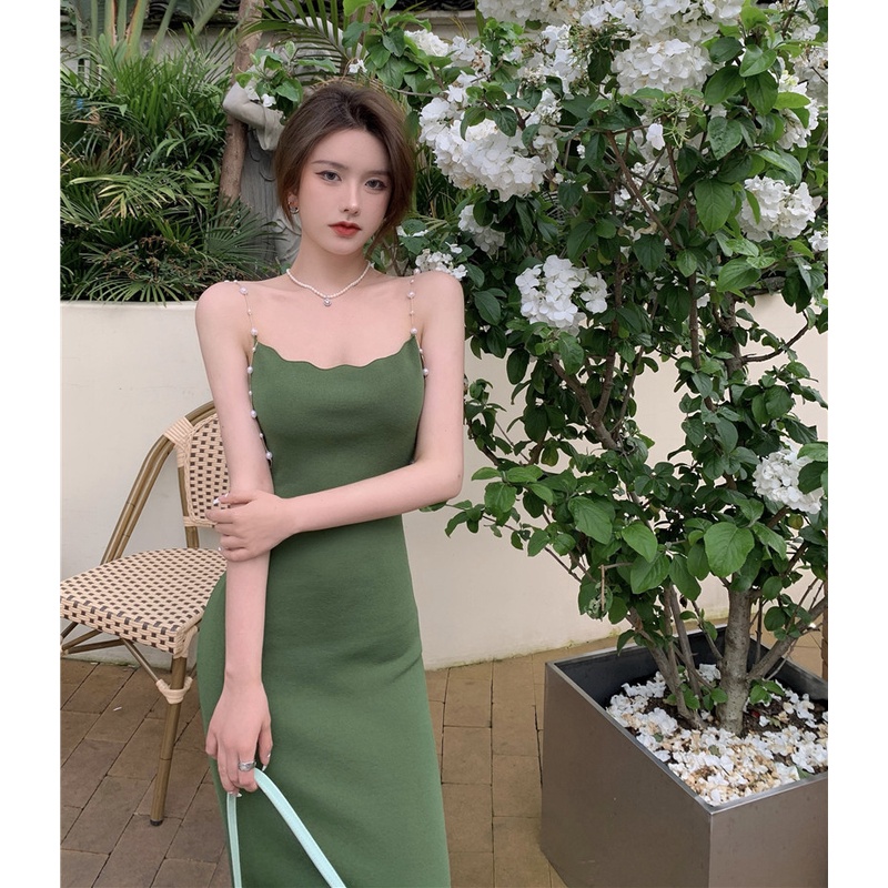 QKOOLE Đầm dài  cổ yếm phong cách cổ điển quyến rũ cho nữ