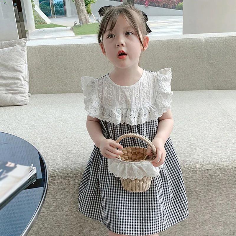 Đầm búp bê sát nách cổ tròn phối ren họa tiết kẻ sọc ngọt ngào cho bé gái