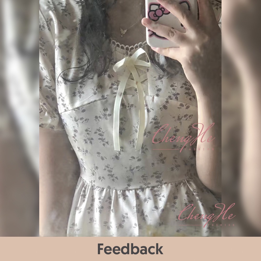 Váy/đầm xòe dáng ngắn họa tiết hoa nhí thắt nơ dễ thương dáng dài Vintage tiểu thư nữ tính V00091