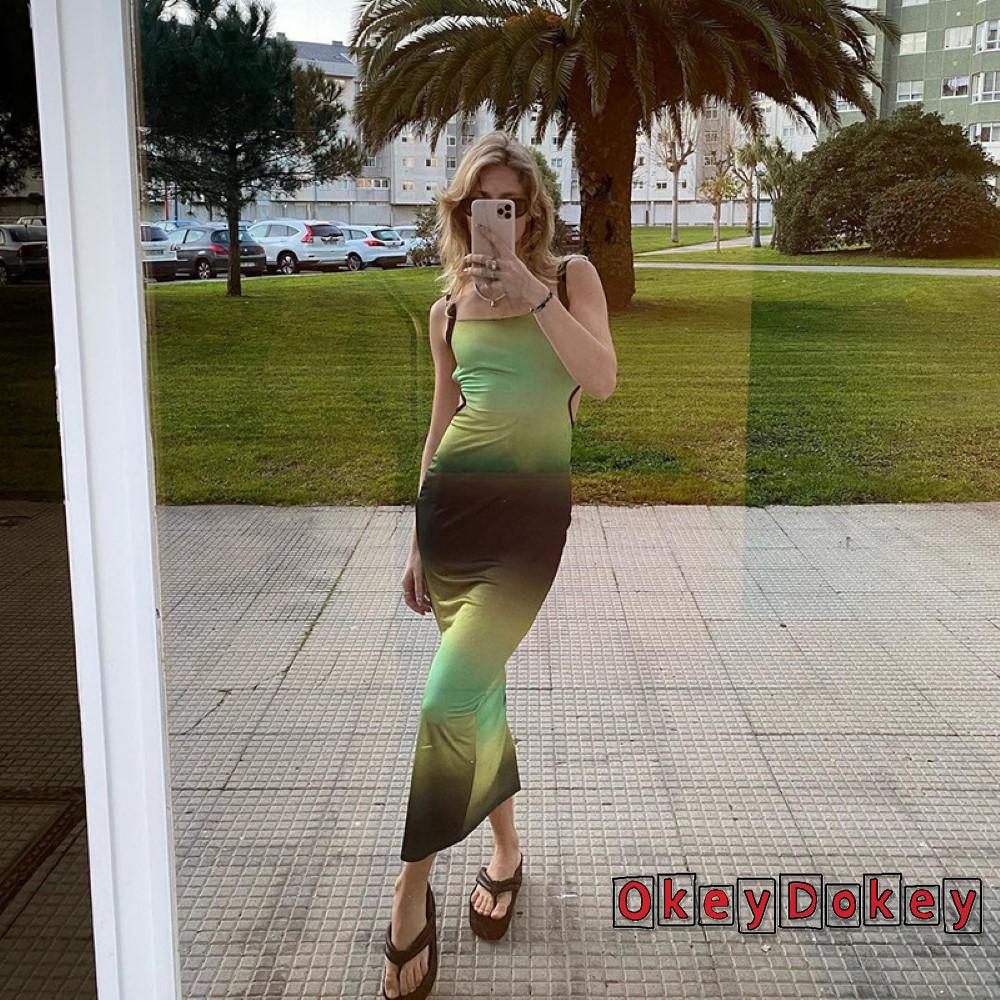 OKDK-Women Suspender Sexy Cross Tie-up Bandage Open Bodycon Back Gradient Contrast Color Long Dress