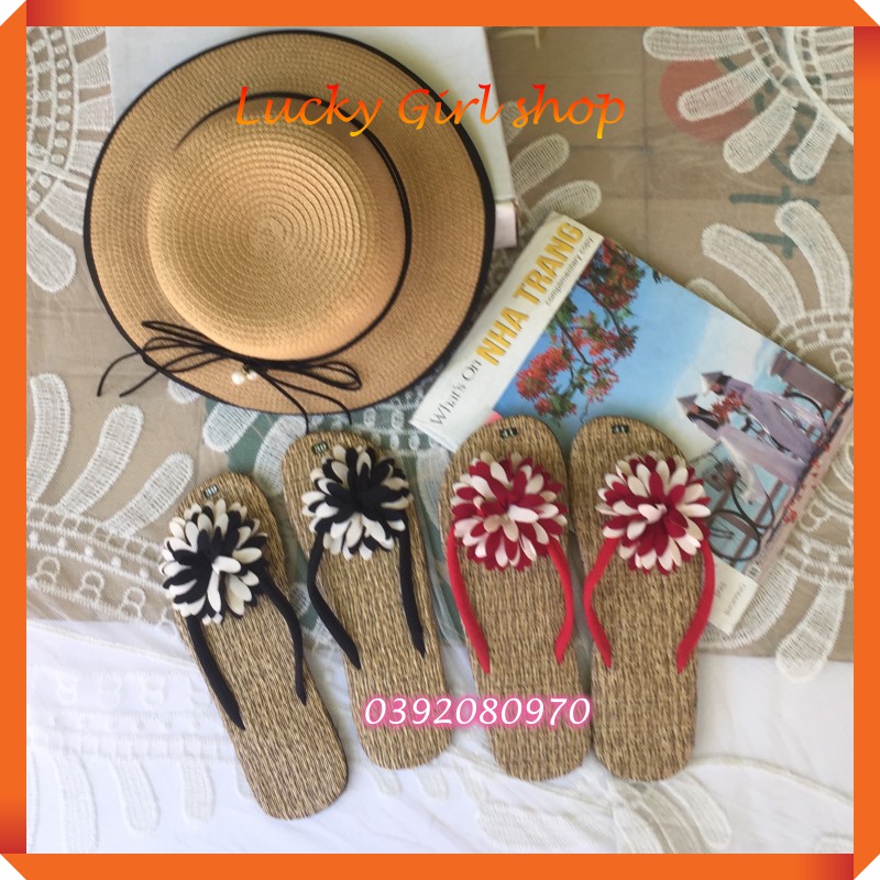 Dép Cói Nữ Xỏ Ngón Gắn Hoa Đính Cườm Size 39-42 - Hàng Việt Nam - Lucky Girl shop