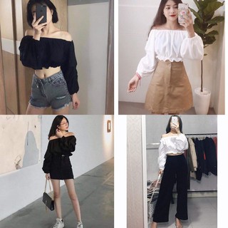 ÁO TRỄ VAI CROPTOP TAY DÀI CHUN NHÚN GẤU BÈO ĐEN TRẮNG HOT