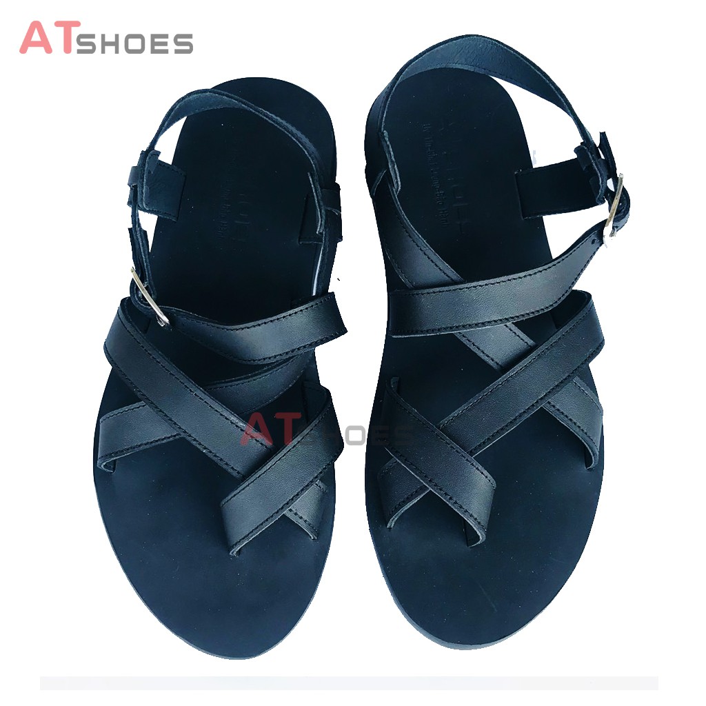 Dép Sandal Unisex cao cấp Da Bò Thật Sandal xỏ ngón nam nữ chuẩn kiểu Hàn Quốc Trẻ Trung Atshoes AT40(Đen)