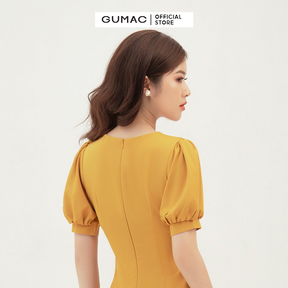 Đầm nữ phối họa tiết tay GUMAC ôm body, thiết kế màu vàng đủ size DB346 | BigBuy360 - bigbuy360.vn