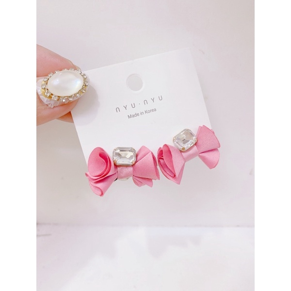 bông tai nơ vải đính đá, khuyên tai ruy băng phong cách hàn quốc