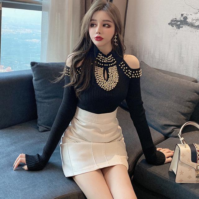 Bộ Áo Hở Vai + Chân Váy Lưng Cao Đính Hạt Thời Trang Cho Nữ
