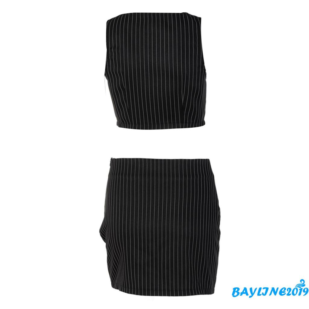 Set Áo Tank Top Cổ Chữ V + Chân Váy Chữ A Họa Tiết Sọc Đen Size S/M/L Cho Nữ