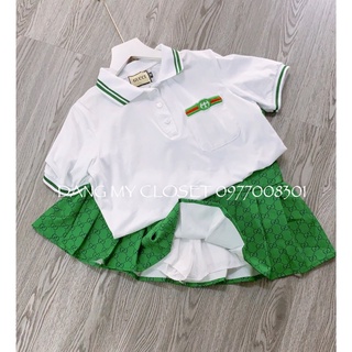 Set áo polo + chân váy xanh