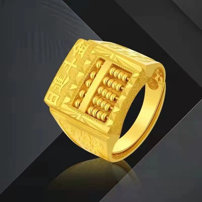 [Cod] Nhẫn vàng thật nguyên chất Nam Nhẫn vuông Miệng sống Bàn tính Nhẫn nam lớn Nhẫn vàng thật có thể điều chỉnh