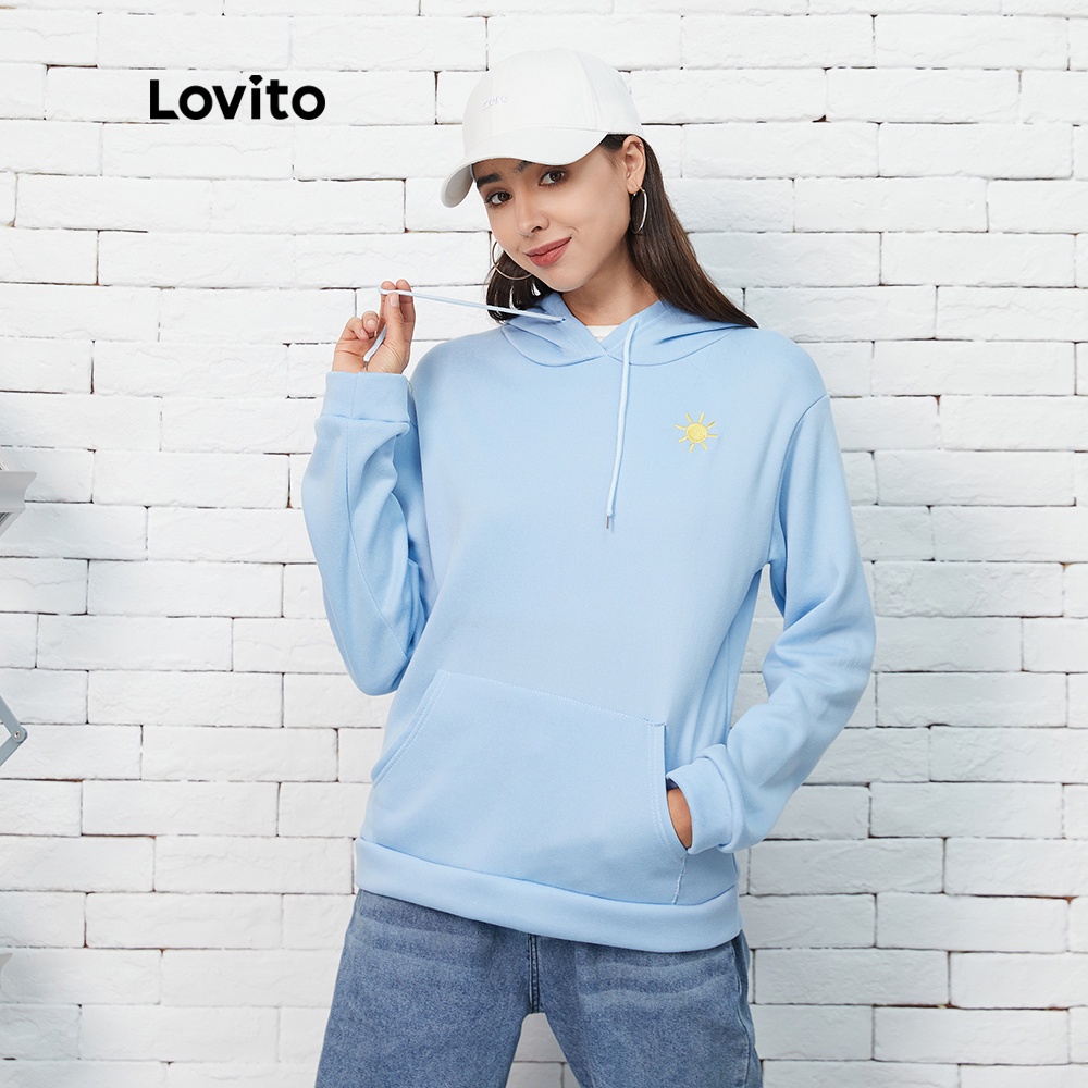 Áo sweatshirt Lovito có mũ trùm đầu phối dây rút họa tiết đơn giản L07181 (màu xanh dương nhạt)
