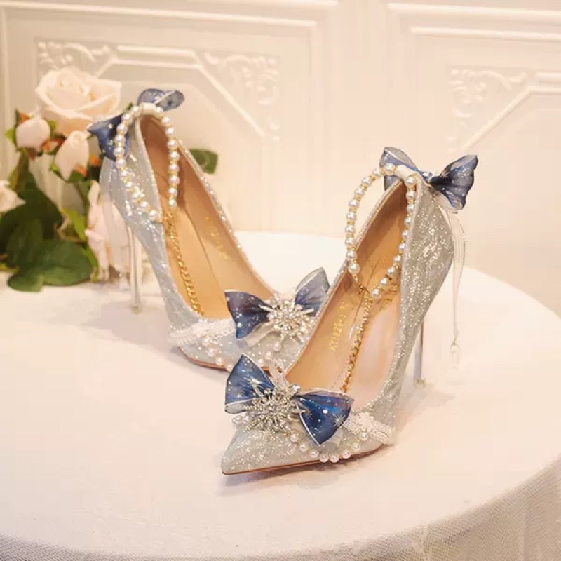 YASAS0104-Giày cao gót ánh nhũ mũi nhọn sao sáu cánh