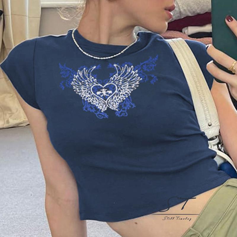 Áo Thun Tay Ngắn Cổ Tròn In Hình Đôi Cánh Và Trái Tim CY03
