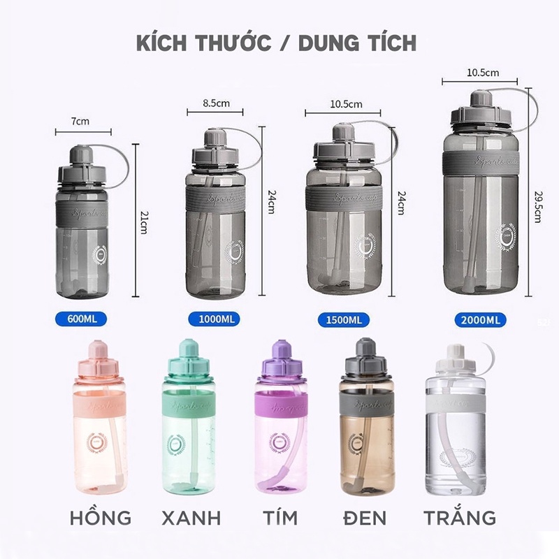 Bình Đựng Nước Thể Thao Cao Cấp Chất Lượng An Toàn Chia Vạch ml, Bình Nước 1l, 600ml Kèm Dây Đeo, Ống Hút Tiện Dụng KH25