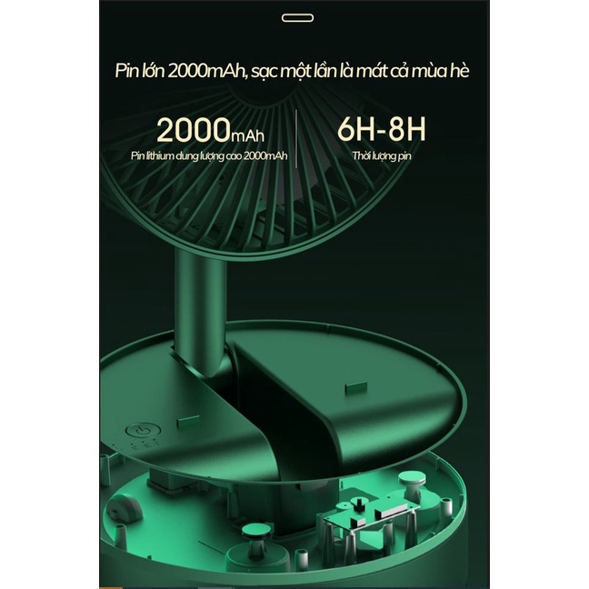 Quạt Tích Điện Mini Gấp Gọn Tròn Tiên Lợi -- Quạt Mini Để Bàn Xoay 180 Độ, 3 Tốc Độ Gió, Pin Sạc USB