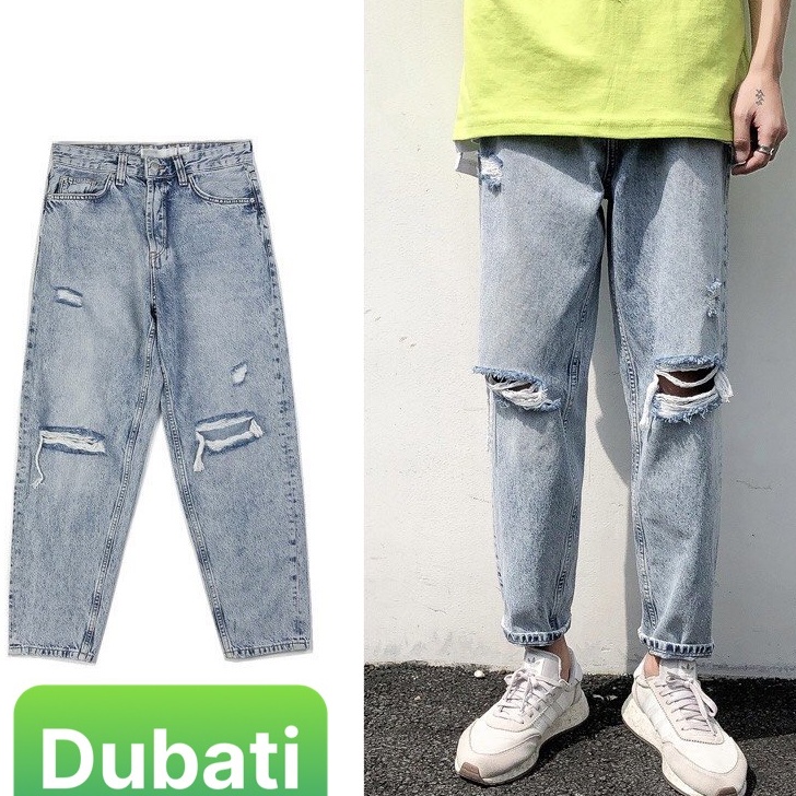 Quần Jean Nam Rách Gối Xanh Trơn, Quần Baggy Jeans Nam Unisex- DB 46- DUBATI FASHION