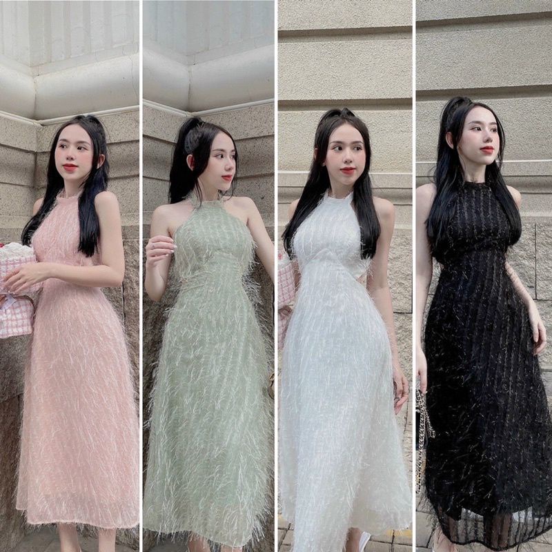 Đầm Dự Tiệc Dáng Dài Tua Rua Cổ Yếm Sang Chảnh, Váy Maxi Lông Vũ