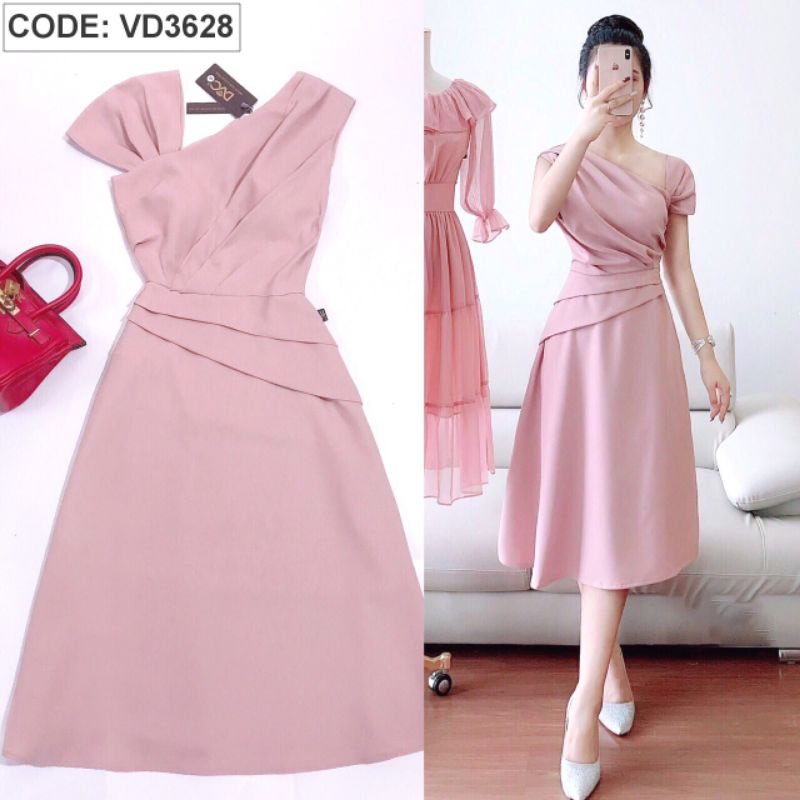 Đầm lệch vai nhún eo