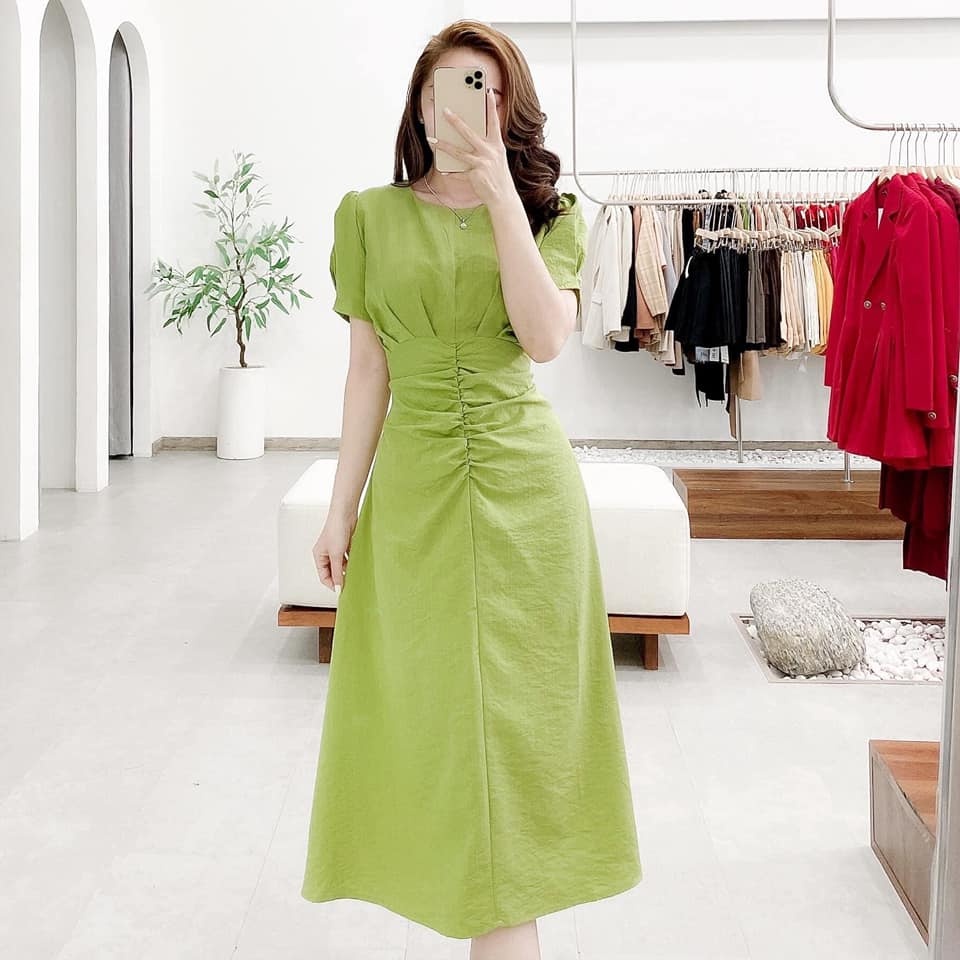 V62 | Đầm midi đũi Hàn cộc tay xanh bơ trơn dáng dài nhún eo | Tuli design