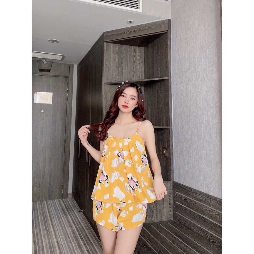 Đồ bộ áo hai dây quần cộc sexy -Đồ ngủ sexy lụa mềm mượt dưới 55 kg siêu xinh