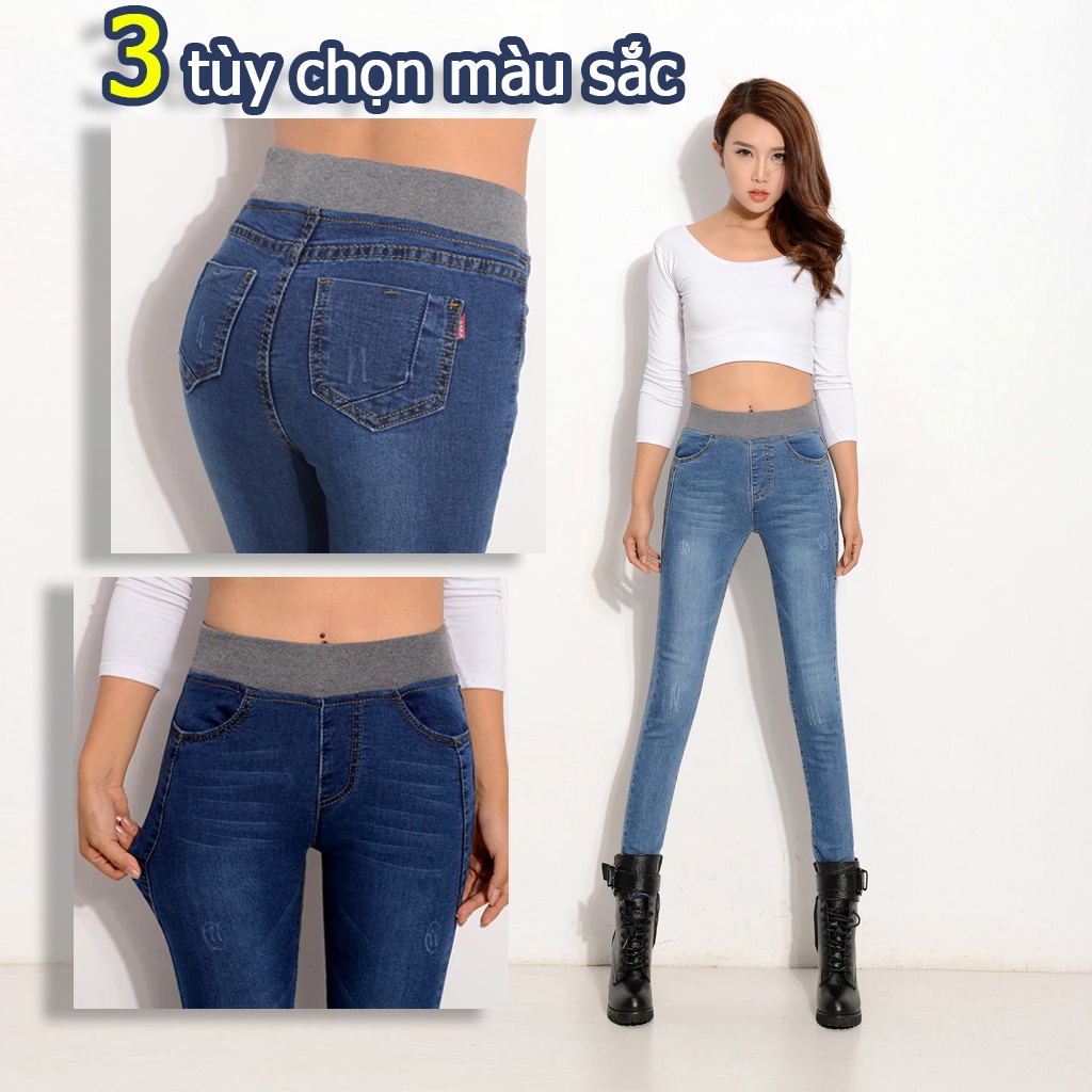 Quần Jean Dài Lưng Thun Dáng Ôm Phong Cách Hàn Quốc Thời Trang Cho Nữ