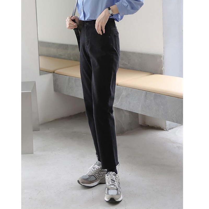 IELGY Quần Jean Nữ Cạp Cao Ống Đứng Màu Đen Dễ Phối Đồ Phong Cách Hàn Quốc