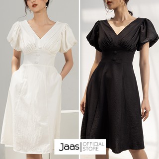 Đầm tay phồng nhún ngực chất linen thời trang- 2 màu Trắng, Đen