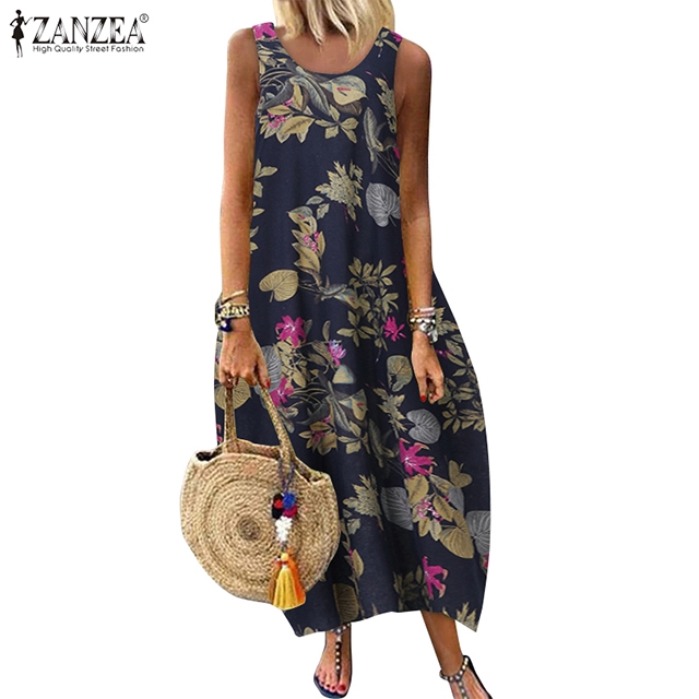 Đầm Maxi ZANZEA sát nách in họa tiết cách điệu thanh lịch dành cho nữ
