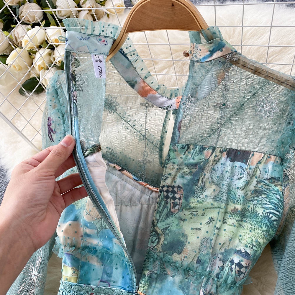 Váy xanh dài tay dáng dài thêu hoa nhẹ nhàng sang trọng  080522