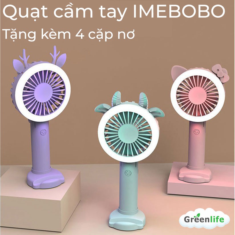 Quạt cầm tay IMEBOBO quạt cầm tay tích điện mini 3 tốc độ tặng kèm 4 cặp nơ trang trí siêu cute