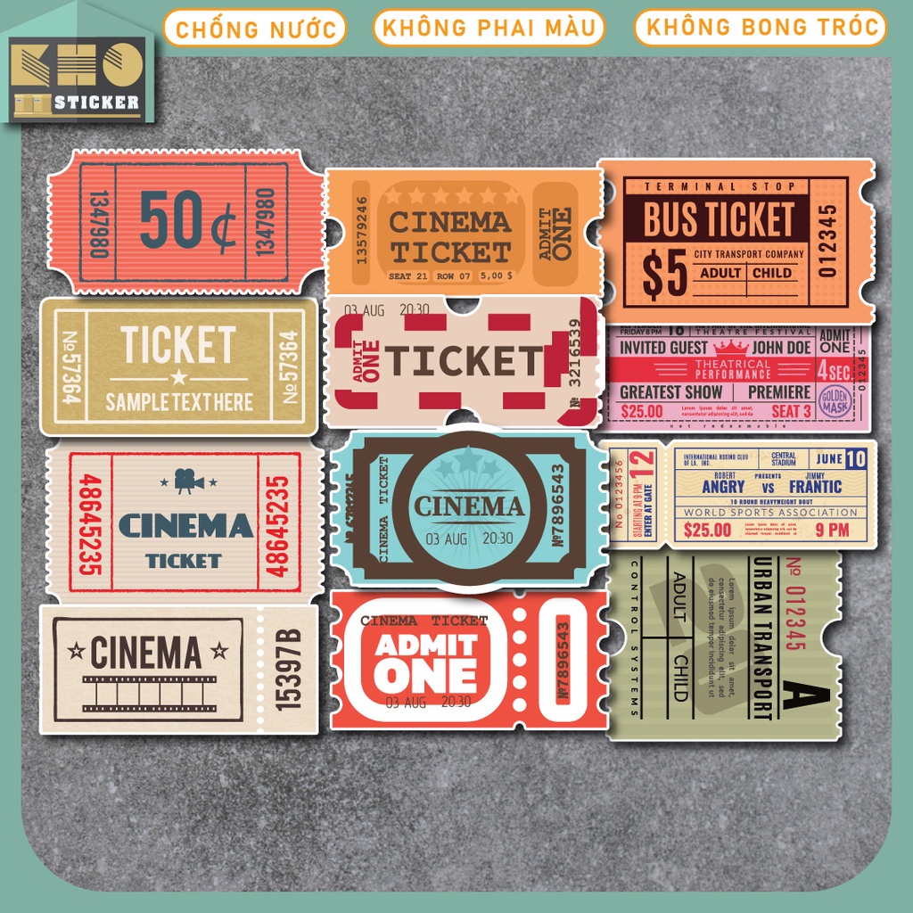 Combo 50 Sticker Vintage Ticket chống nước sticker dán laptop, điện thoại, đàn guitar, mũ bảo hiểm, vali. MSP: ST41