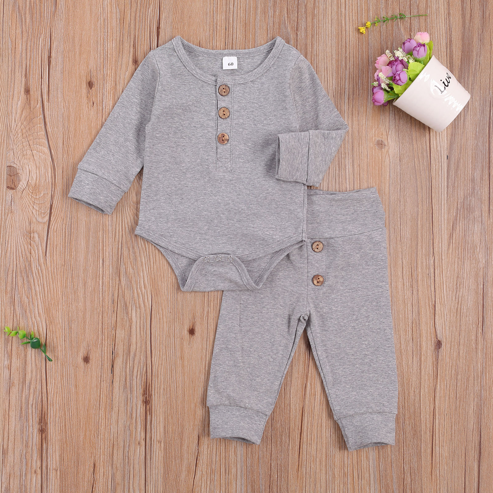 Set Jumpsuit Tay Dài Phối Nút + Quần Dài Cho Trẻ Sơ Sinh