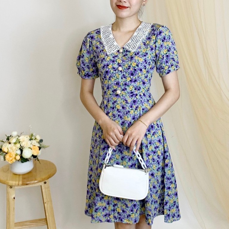 [Mã WASTMAY giảm 15% tối đa 30K đơn 150K] Đầm dáng xòe hoa nhí cổ ren Emvy - V33
