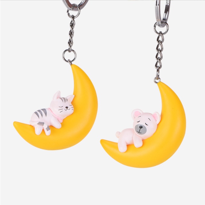 Mô hình thú ngủ mặt trăng (mèo, gấu, thỏ, chó trắng) làm móc khóa, trang trí Jibbitz, tiểu cảnh, terrarium, DIY