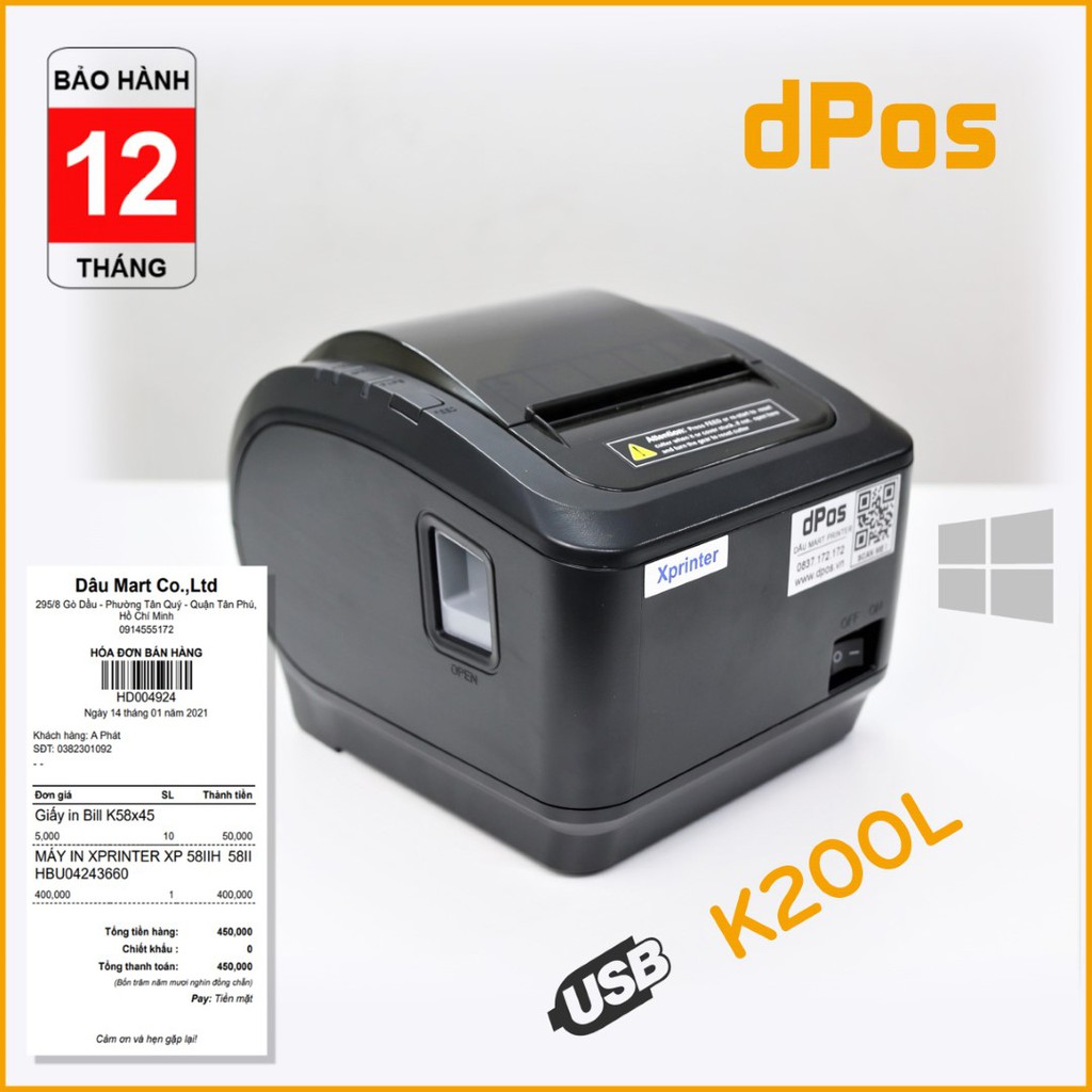 Máy in hoá đơn K80 dPos D200N - K200L USB in bill tính tiền sử dụng giấy in nhiệt 80mm tính năng cắt giấy tự động