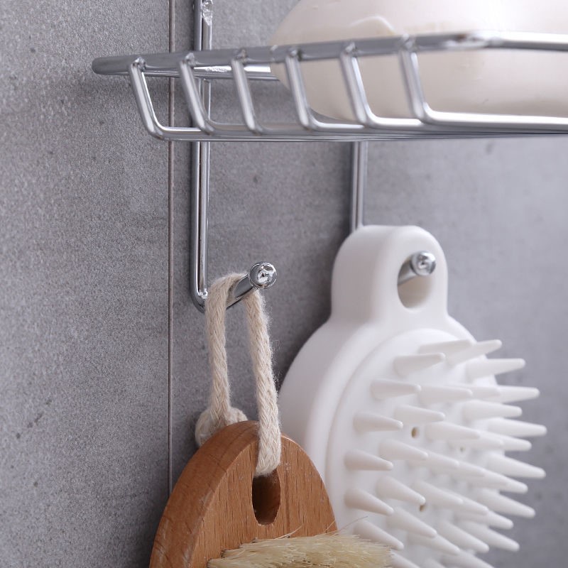 Kệ đựng xà phòng 2 tầng inox dán tường kèm móc treo tiện lợi