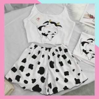 Set Bộ Đồ Nữ Bò Sữa Croptop Mặc Nhà - Bộ Đồ Ngủ Cute