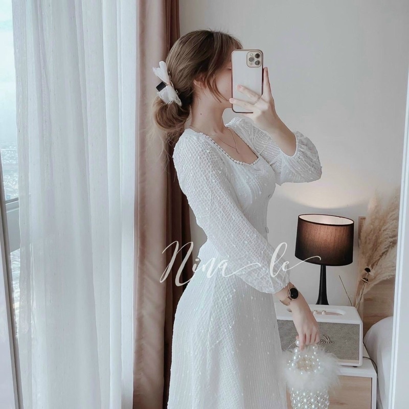 Đầm midi trắng voan phối bi cổ vuông xinh xắn tiểu thư