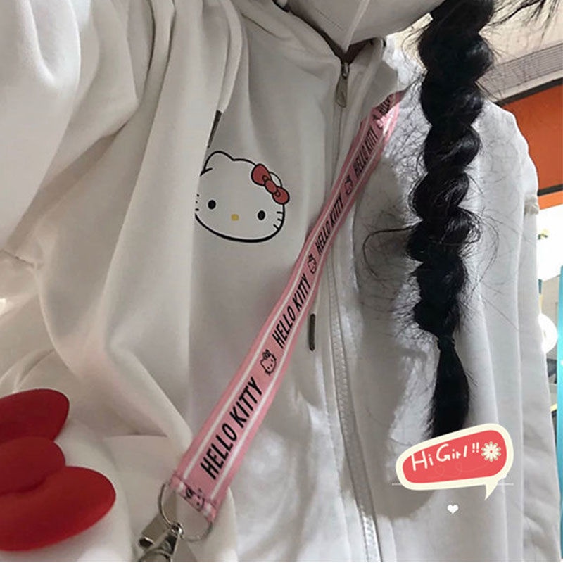 Áo Khoác Mỏng Có Nón Và Khóa Kéo Dáng Rộng In Hình Hello Kitty Phong Cách Hàn Quốc Dễ Phối Đồ Cho Nữ Áo Khoác Cardigan Phối Khóa Kéo Xinh Xắn Cho Nữ
