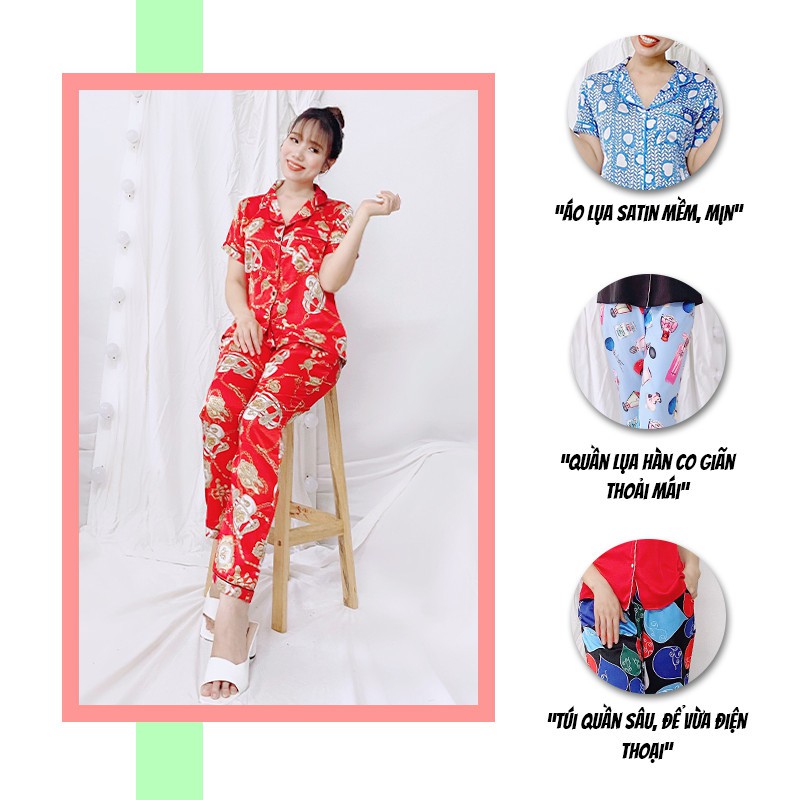 Bộ pijama lụa SBORG đồ bộ mặc nhà lụa satin họa tiết tay ngắn quần dài đẹp có túi 45-55kg quà tặng vợ và mẹ