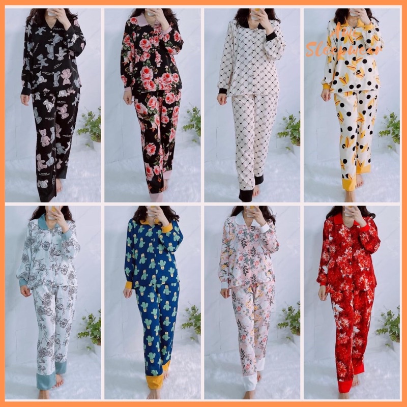 Bộ Pyjama Dài Tay Mango Cổ Sen Vic Mona Nhiều Hoạ Tiết Xinh Xắn