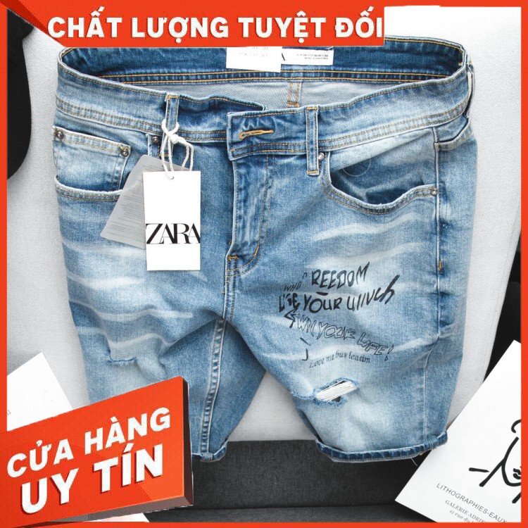 Quần Short Jean Nam ZARA hàng VNXK form slim ngang gối rách
