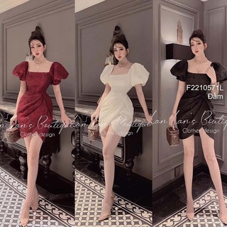 Đầm body gấm tà đắp chéo cổ vuông tay phồng!
