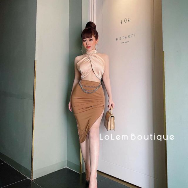 Sét áo phi cổ yếm chân váy vạt xéo