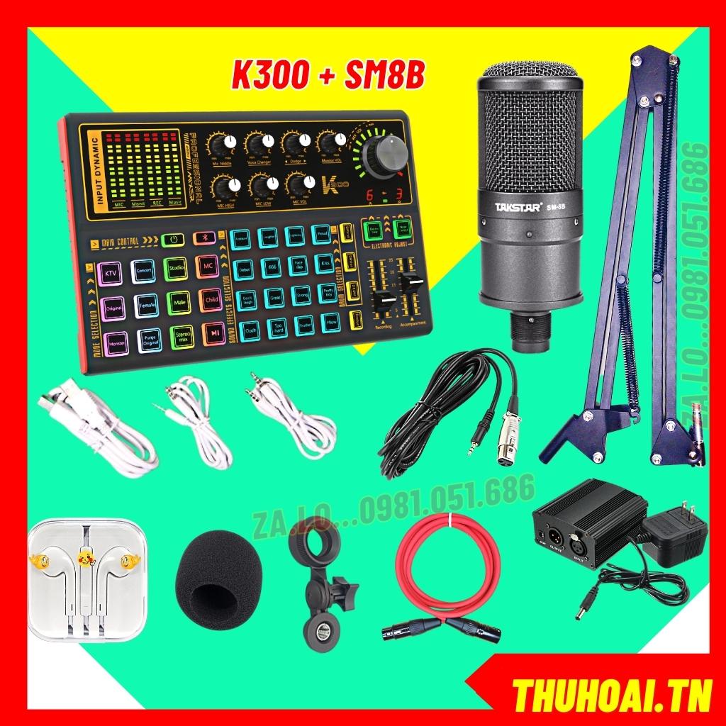 Bộ Mic Livestream SM8B Kết Hợp Sound Card K300 Bluetooth Có Autotune, Hiệu Ứng Tiếng Cười Vỗ Tay Bảo Hành 1 Năm